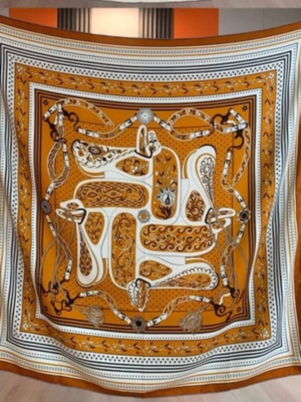 Silk-feel Women's Printed Satin Scarf in Mustard Yellow and White